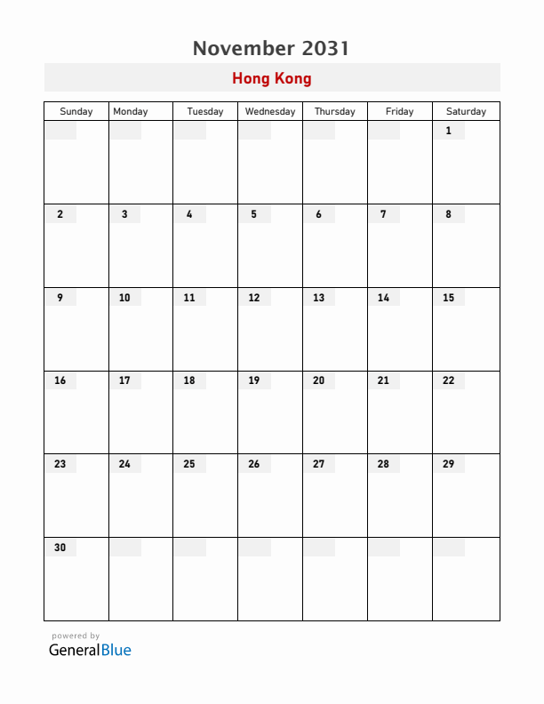 Hong Kong November 2031 Calendar with Holidays