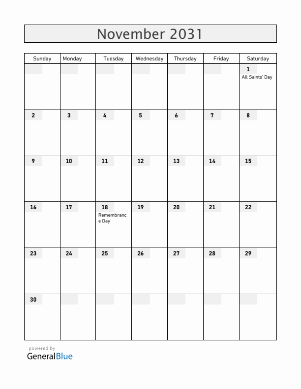 Croatia November 2031 Calendar with Holidays