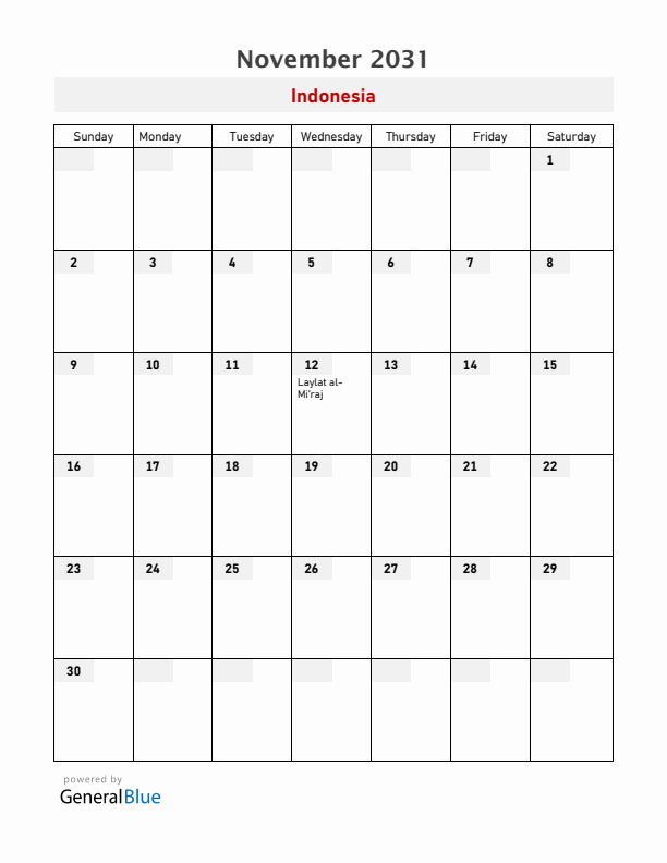 Indonesia November 2031 Calendar with Holidays