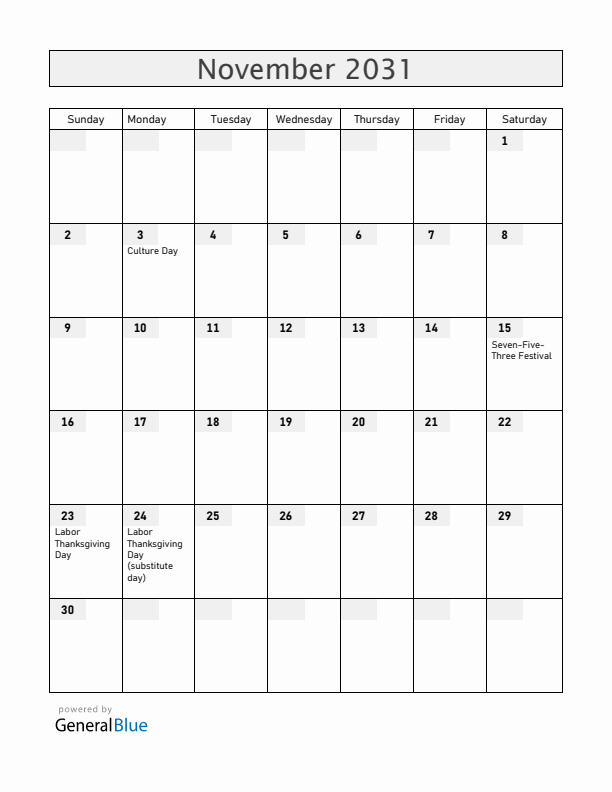 Japan November 2031 Calendar with Holidays