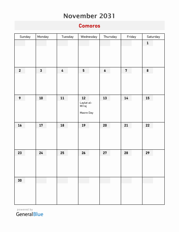 Comoros November 2031 Calendar with Holidays