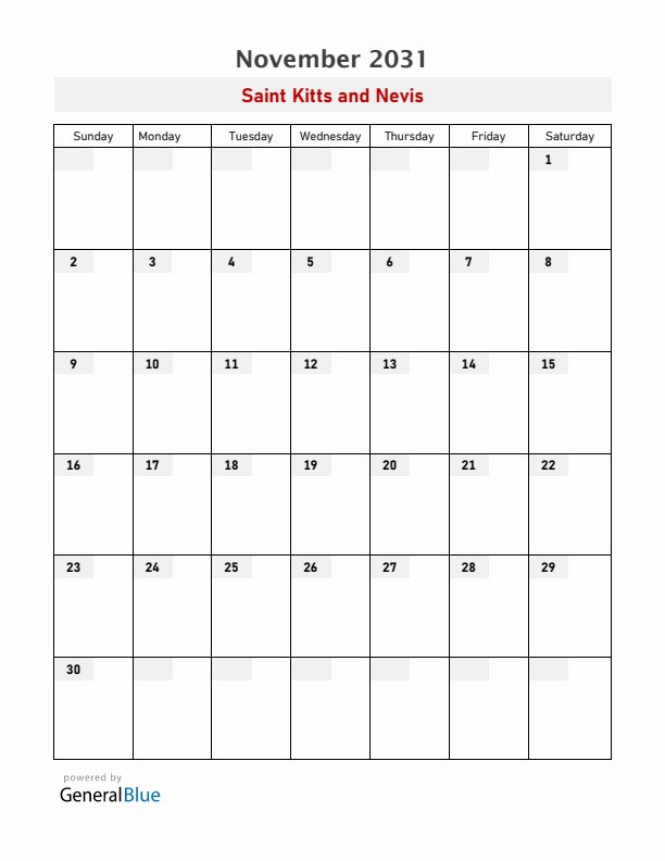 Saint Kitts and Nevis November 2031 Calendar with Holidays