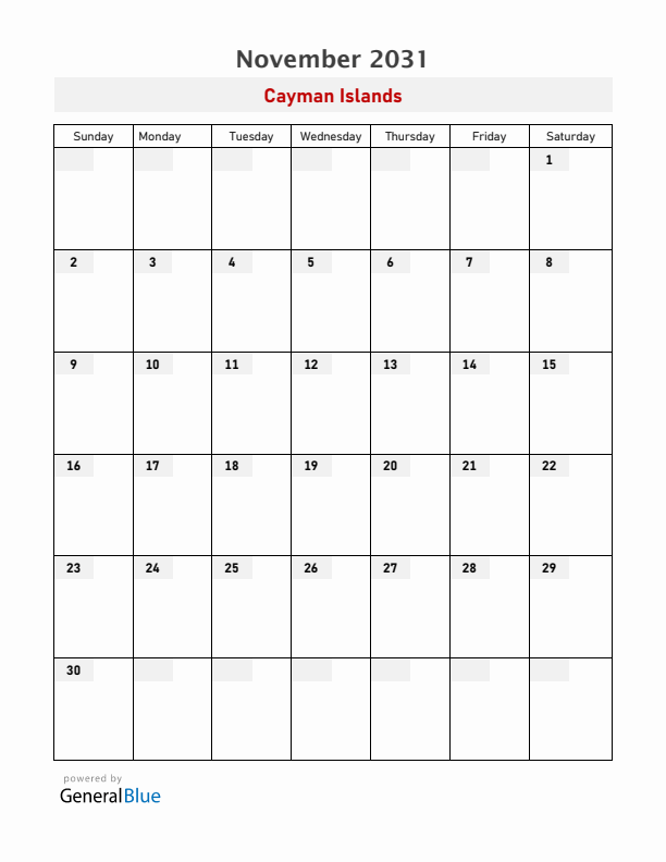 Cayman Islands November 2031 Calendar with Holidays