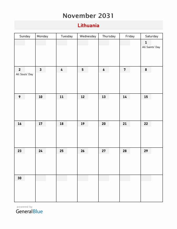 Lithuania November 2031 Calendar with Holidays