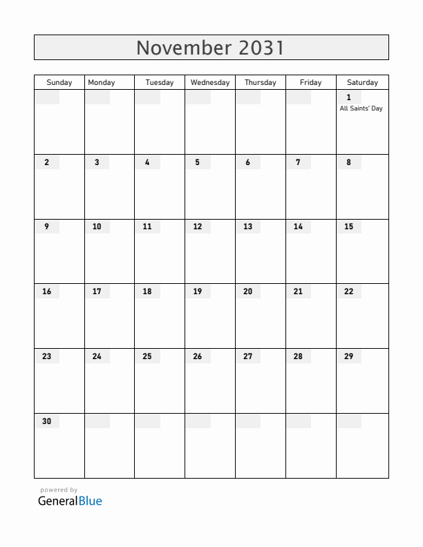 Luxembourg November 2031 Calendar with Holidays