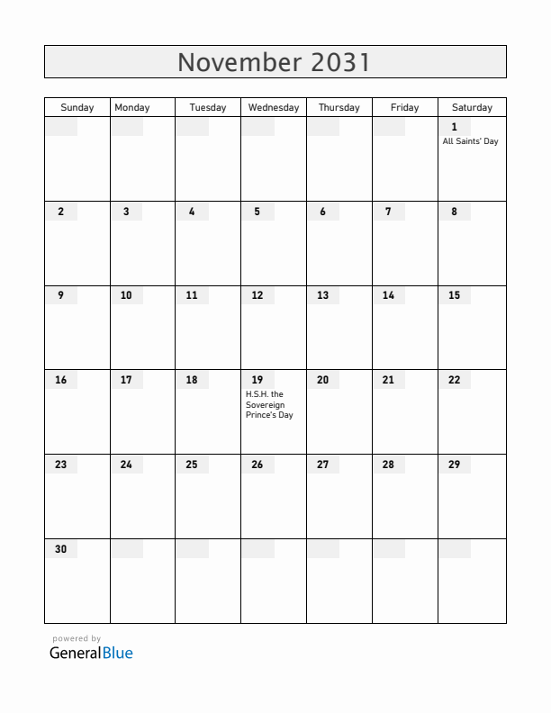 Monaco November 2031 Calendar with Holidays