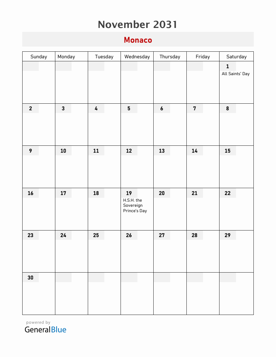 Monaco November 2031 Calendar with Holidays