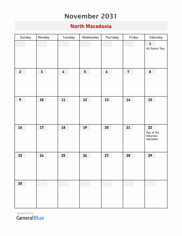 North Macedonia November 2031 Calendar with Holidays
