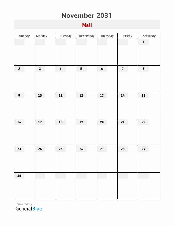 Mali November 2031 Calendar with Holidays
