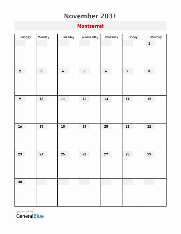 Montserrat November 2031 Calendar with Holidays