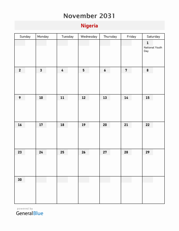 Nigeria November 2031 Calendar with Holidays