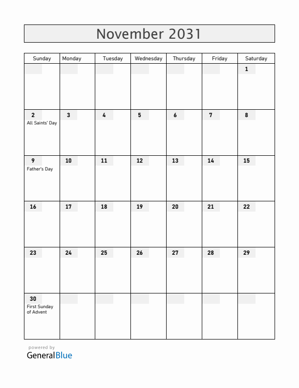 Norway November 2031 Calendar with Holidays
