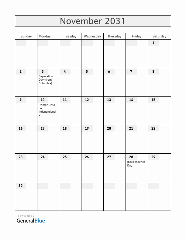 Panama November 2031 Calendar with Holidays