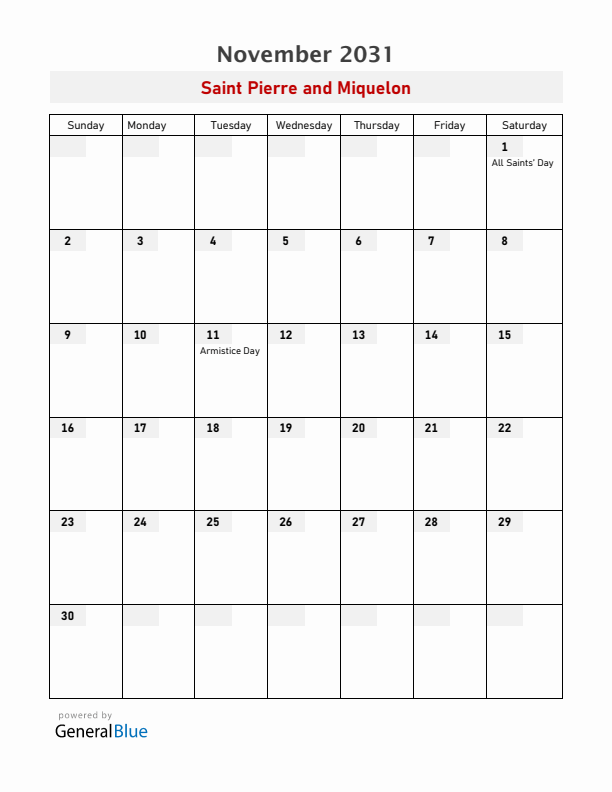 Saint Pierre and Miquelon November 2031 Calendar with Holidays
