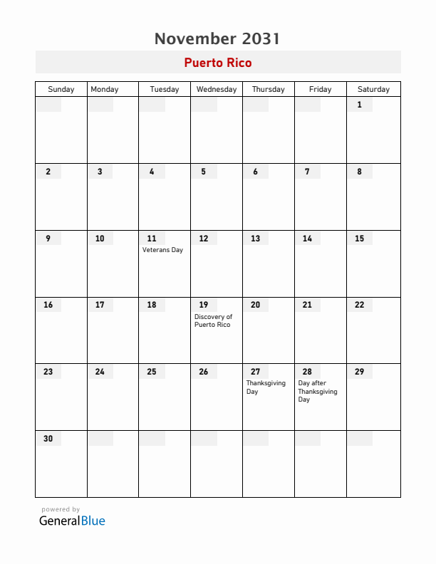Puerto Rico November 2031 Calendar with Holidays
