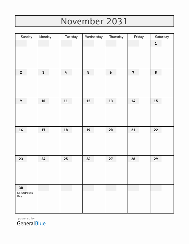 Romania November 2031 Calendar with Holidays