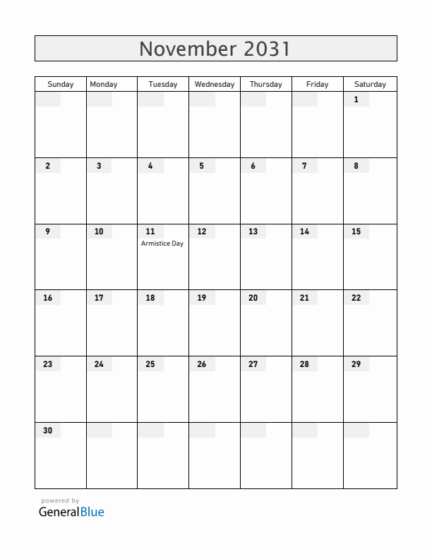 Serbia November 2031 Calendar with Holidays