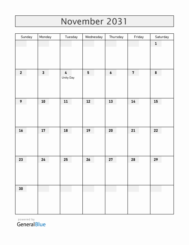Russia November 2031 Calendar with Holidays
