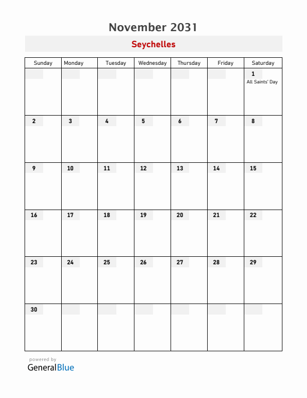 Seychelles November 2031 Calendar with Holidays