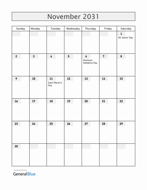 Sweden November 2031 Calendar with Holidays