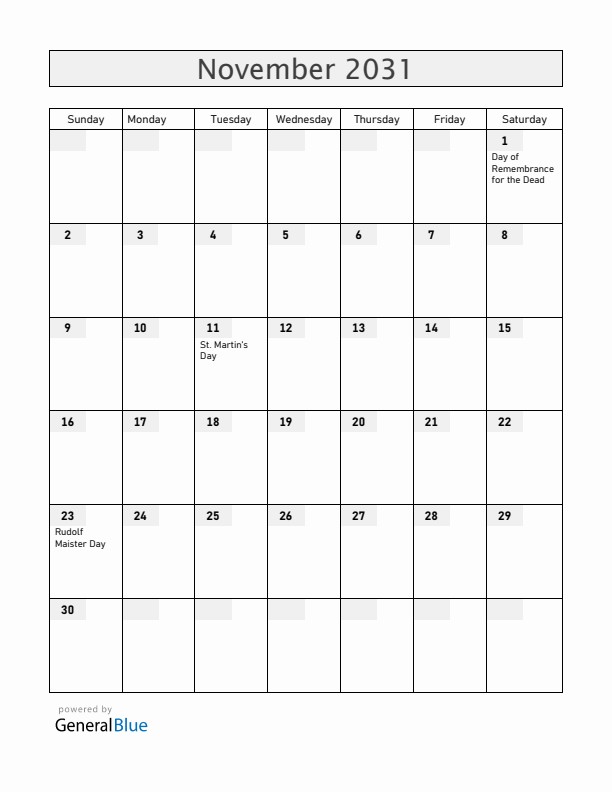Slovenia November 2031 Calendar with Holidays
