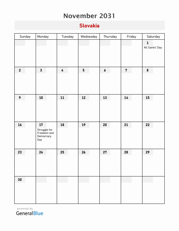 Slovakia November 2031 Calendar with Holidays
