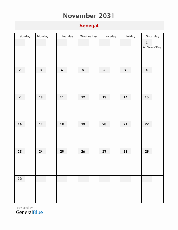 Senegal November 2031 Calendar with Holidays