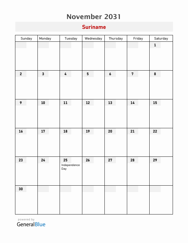 Suriname November 2031 Calendar with Holidays