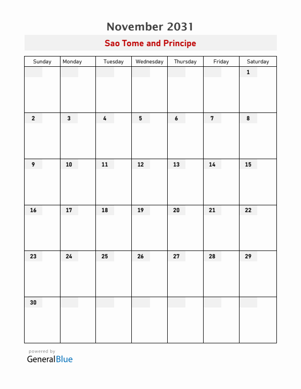 Sao Tome and Principe November 2031 Calendar with Holidays