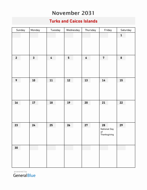 Turks and Caicos Islands November 2031 Calendar with Holidays