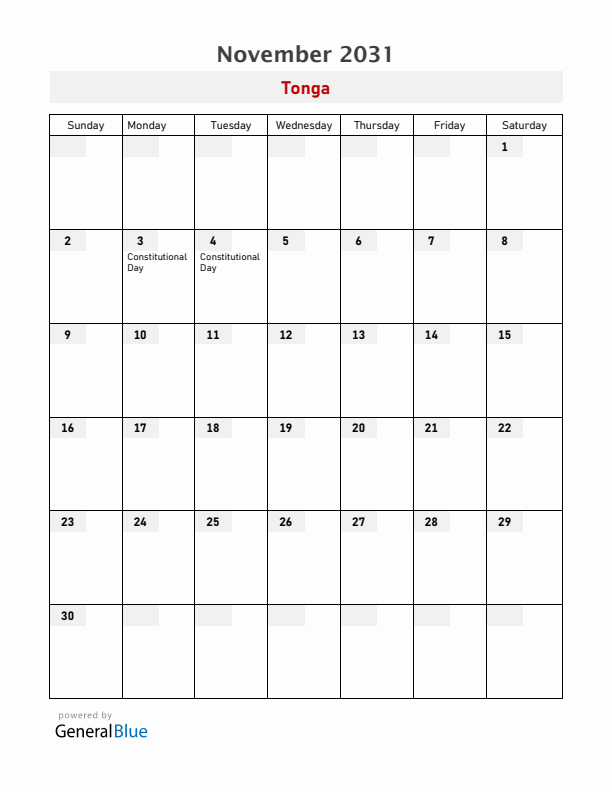 Tonga November 2031 Calendar with Holidays