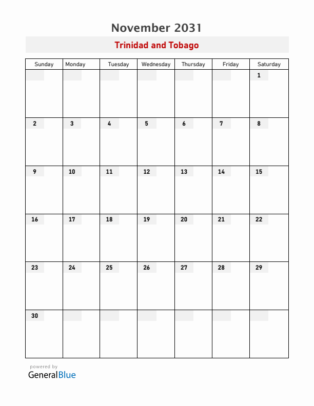 Trinidad and Tobago November 2031 Calendar with Holidays