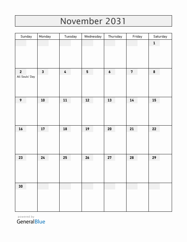 Uruguay November 2031 Calendar with Holidays