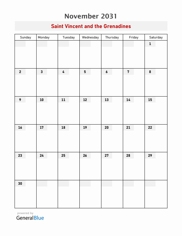 Saint Vincent and the Grenadines November 2031 Calendar with Holidays