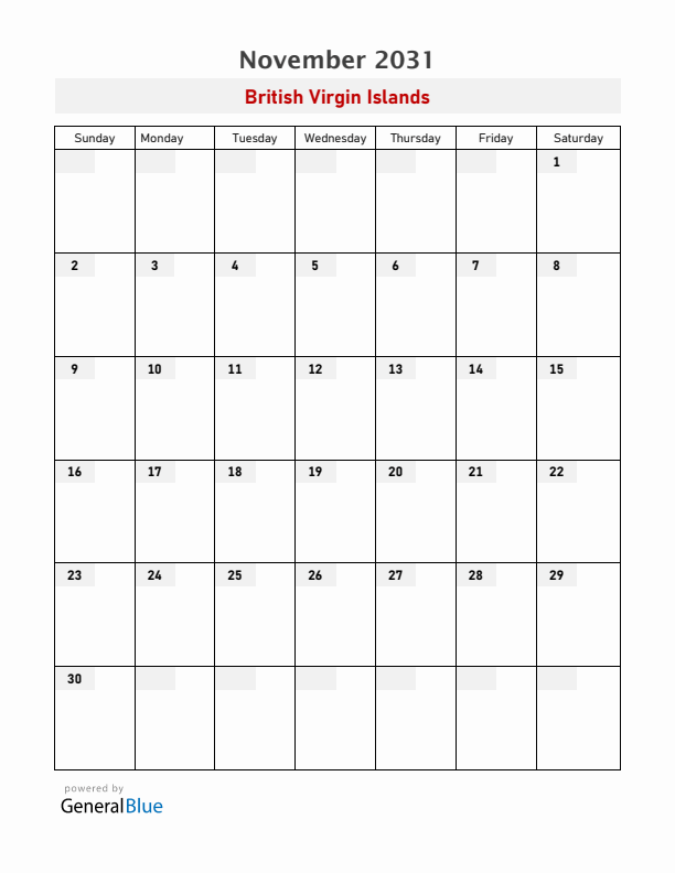 British Virgin Islands November 2031 Calendar with Holidays