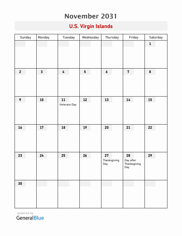 U.S. Virgin Islands November 2031 Calendar with Holidays