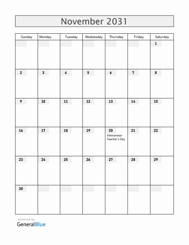 Vietnam November 2031 Calendar with Holidays