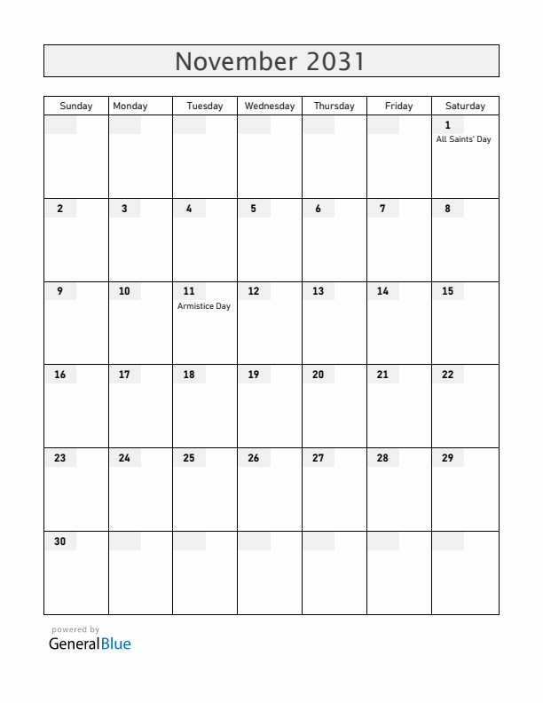 Mayotte November 2031 Calendar with Holidays