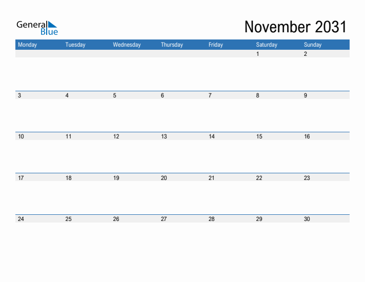 Fillable Calendar for November 2031