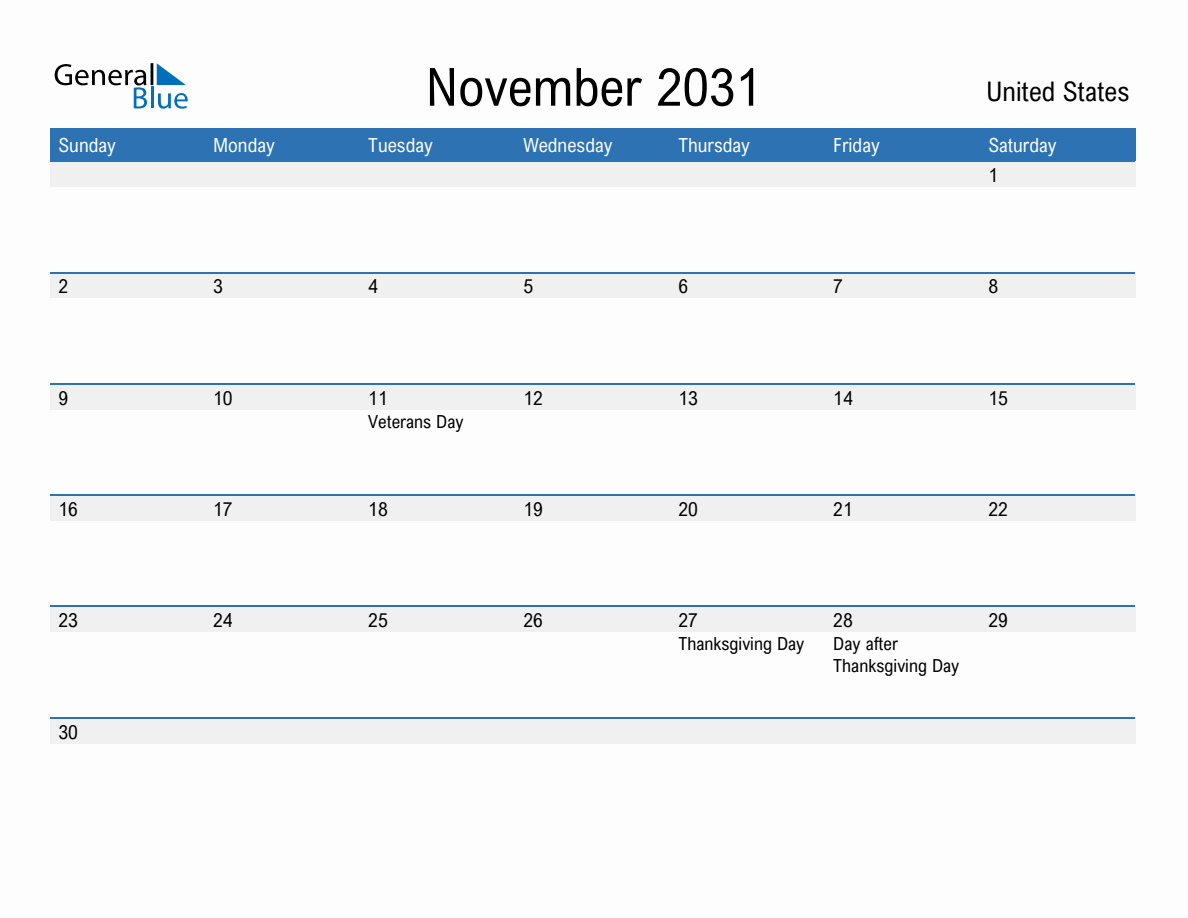November 2031 Monthly Calendars with United States Holidays