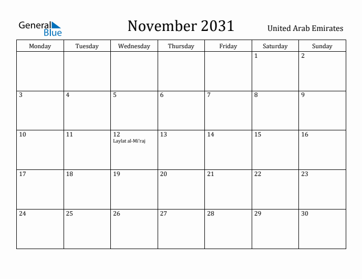 November 2031 Calendar United Arab Emirates