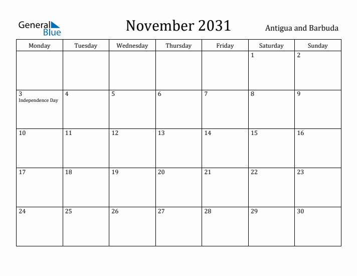 November 2031 Calendar Antigua and Barbuda