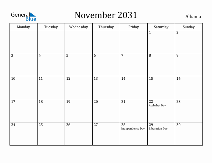 November 2031 Calendar Albania
