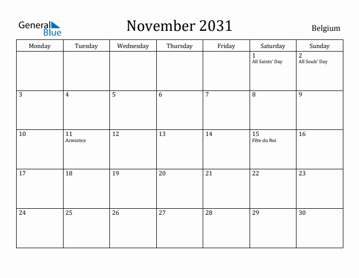 November 2031 Calendar Belgium