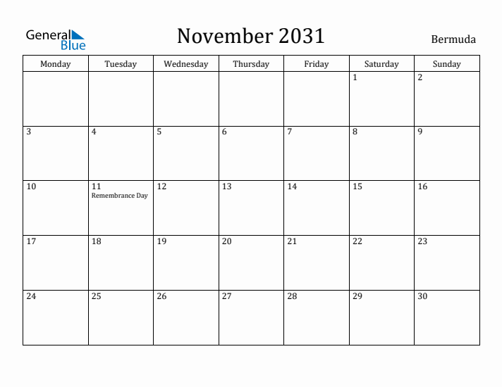 November 2031 Calendar Bermuda