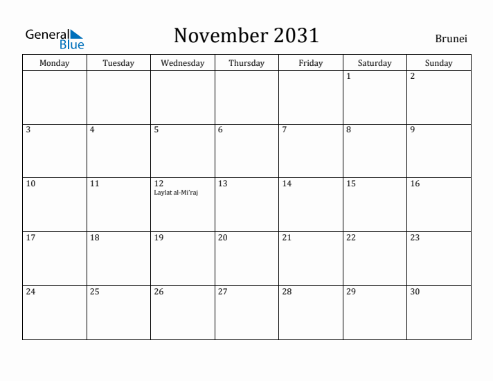 November 2031 Calendar Brunei