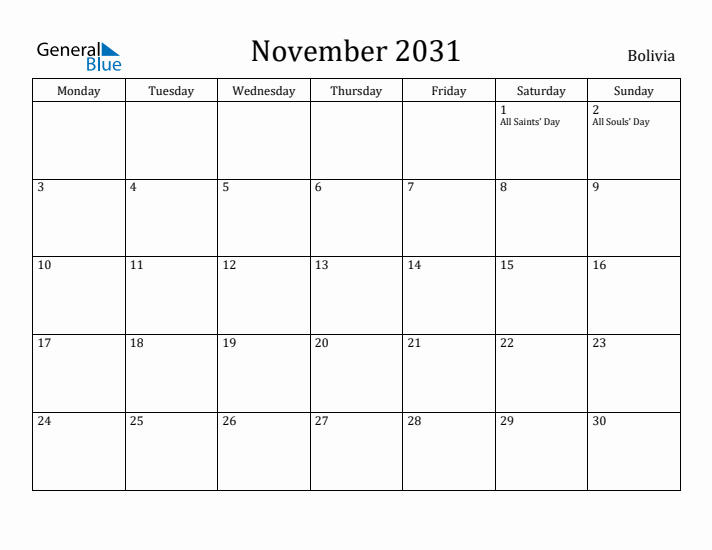November 2031 Calendar Bolivia