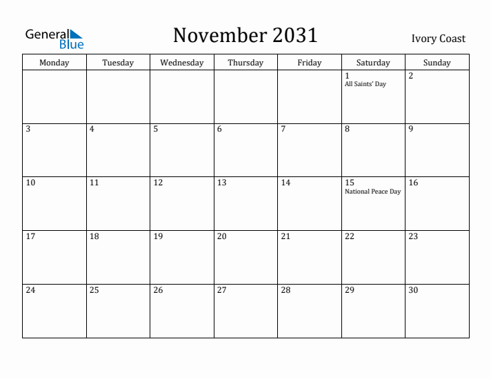 November 2031 Calendar Ivory Coast