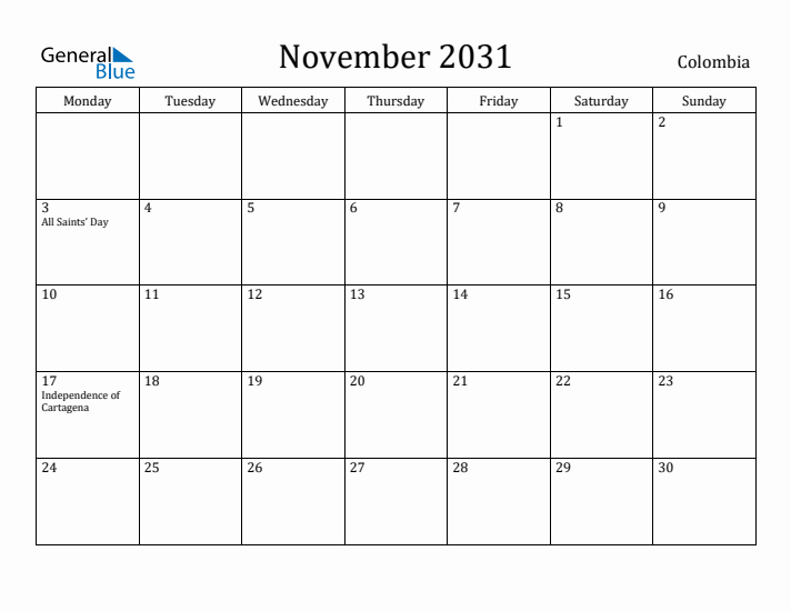 November 2031 Calendar Colombia
