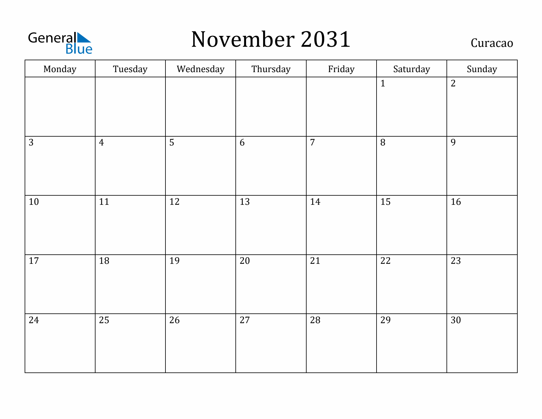 November 2031 Calendar Curacao